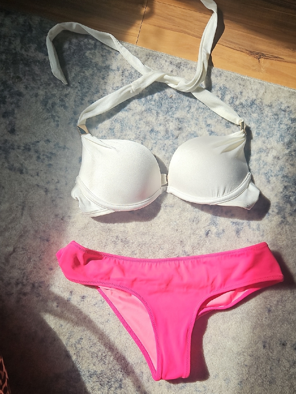 White Halter Bikini Top with Hot Pink Bikini Bottom - Womens Swim Set
